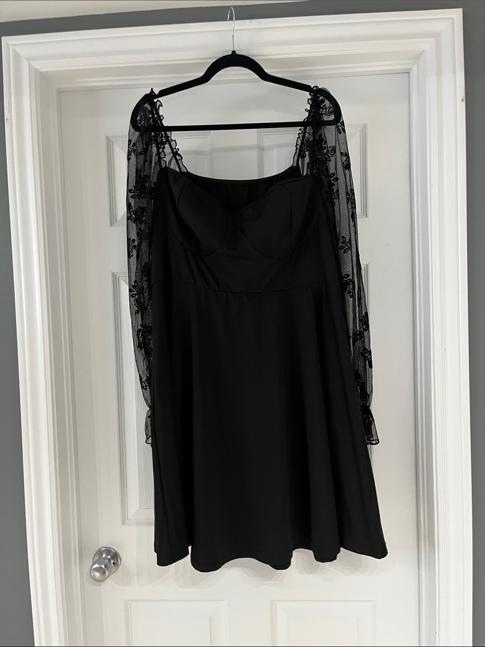 3/$30 SHEIN Black Midi Dress with Sheer Floral Embroidered Sleeves